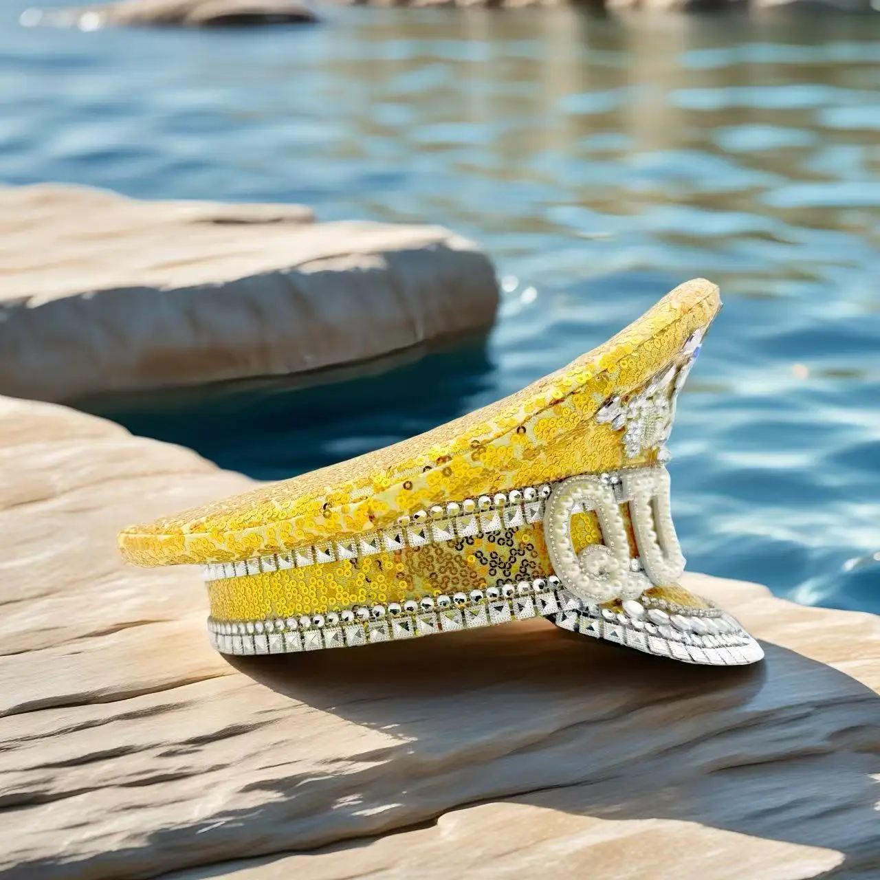 HongLuan Yellow Laser Leather Loop Captain Hat Rhinestone & Military Caps for Woman, Rave Festivals Accessories ＆ Party Cap Man