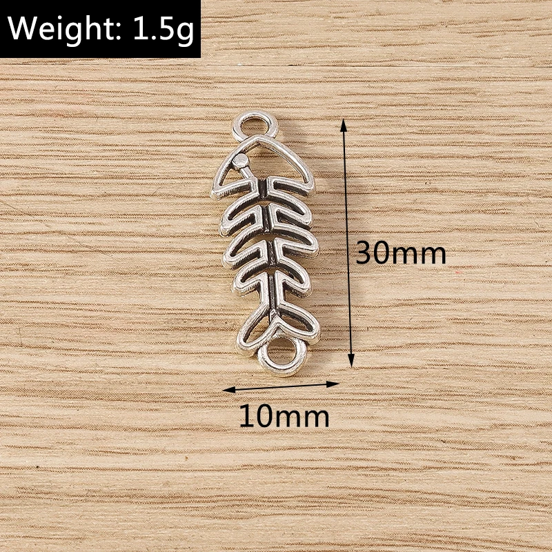 20pcs 10x30mm Cute Alloy Hollow Fish Bone Charms Connectors for Jewelry Making DIY Bracelets Necklaces Handmade Crafts Supplies