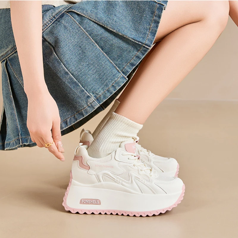 Womens White Pink Mesh Breathable Platform Sneakers Hidden Height Increasing Casual Dad Shoes Versatile Thick Sole Sporty Traine