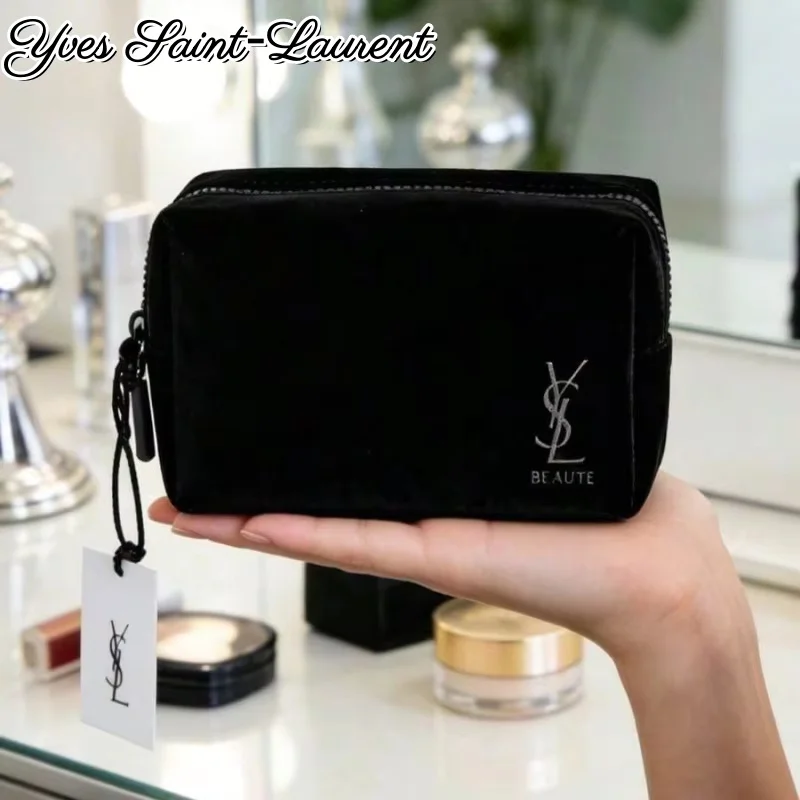 yslスタイル-ブラックプリント-化粧品収納バッグ-高級ジッパー付きメイクアップトラベルポーチ-大容量-ポータブルメイクアップケース-女性用