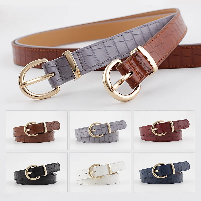 

Korean Version of The New Belt Crocodile Grain Gold Buckle Women's Decorative Pin Buckle with Jeans Thin Belt