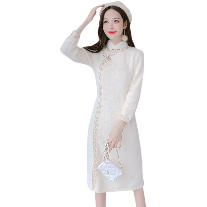 Autumn Winter Women Cheongsam Dress 2023 New French Temperament Long Sleeve Girl Elegant Dress High End Base Dress  Vestido H302