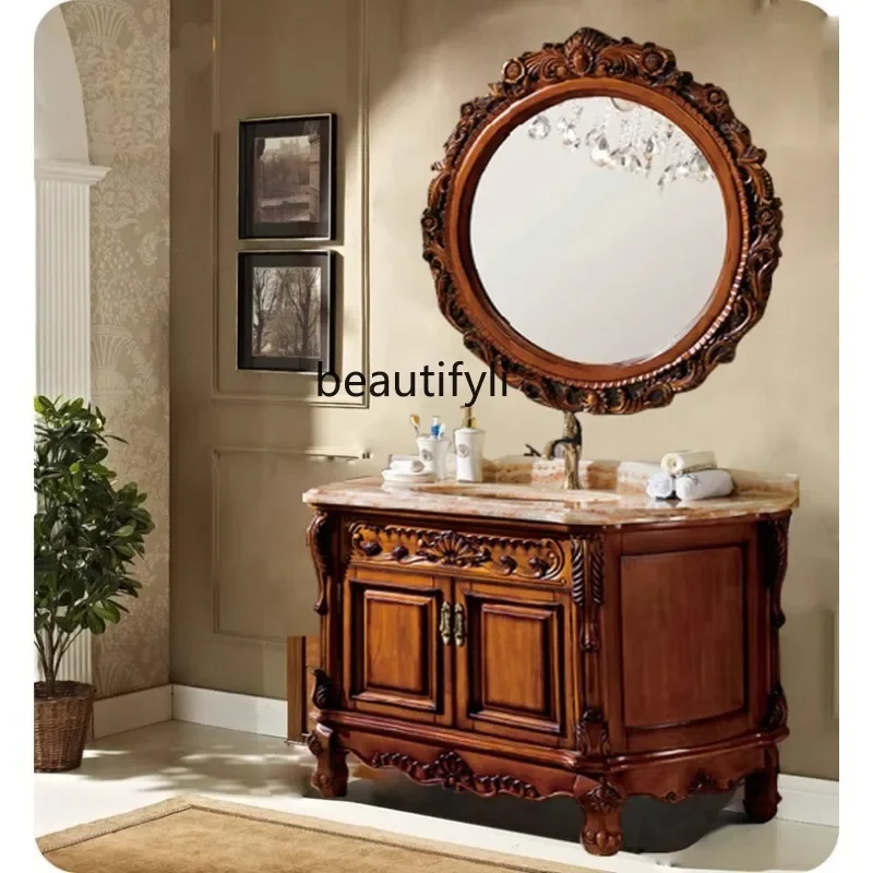

European red oak antique carved bathroom cabinet floor solid wood bathroom cabinet washbasin cabinet6239