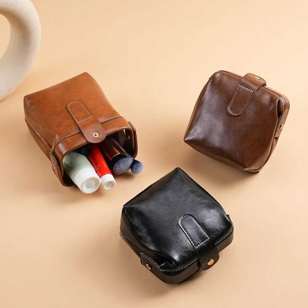 

Casual PU Leather Cosmetic Bag Solid Color Large Capacity Makeup Case Button Makeup Organizer Box