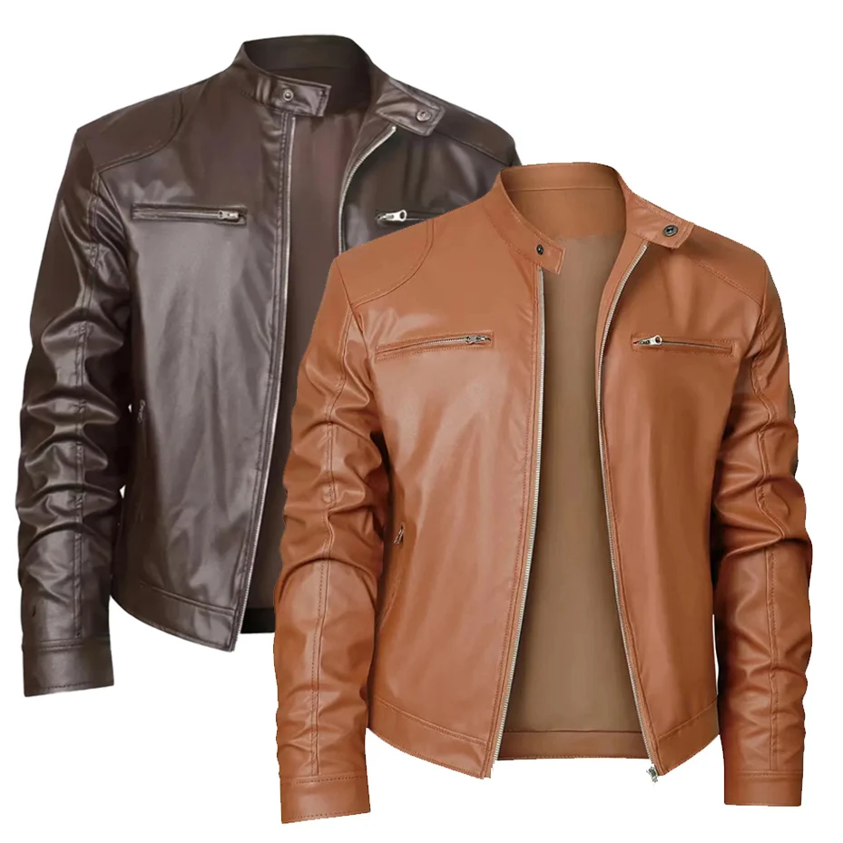 

Мужская куртка из искусственной кожи цвета хаки на осень, с молнией, декоративными элементами, приталенная, больших размеров