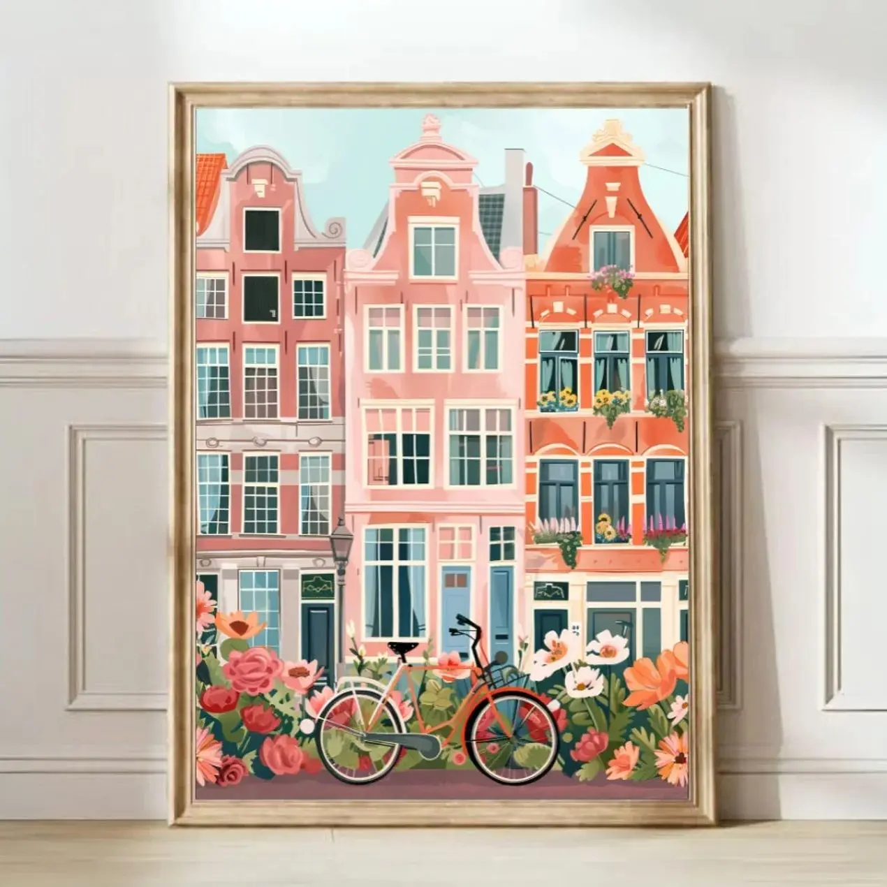 Affiche de voyage imprimée d'amsterdam, Illustration d'amsterdam, nouveau Yorker, affiche florale, impression colorée pour pépinière