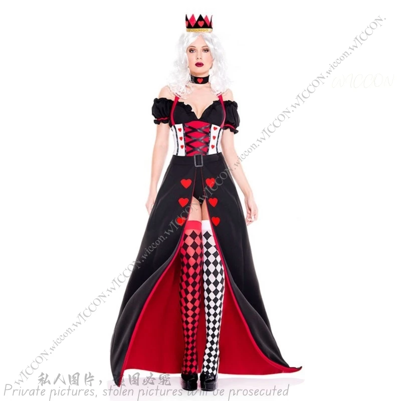 Adult Kid Queen of Hearts Wonderland Costume Cosplay Halloween Party Masquerade Uniform Sexy Headdress+Neck+Top+Tie Skirt+Socks