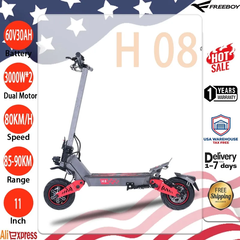 

H08 Electric Scooter, Dual Motor6000W60V38AH Battery 100km/H E-scooter, 11 Inch All Terrain Tire Commuting Foldable Escooters