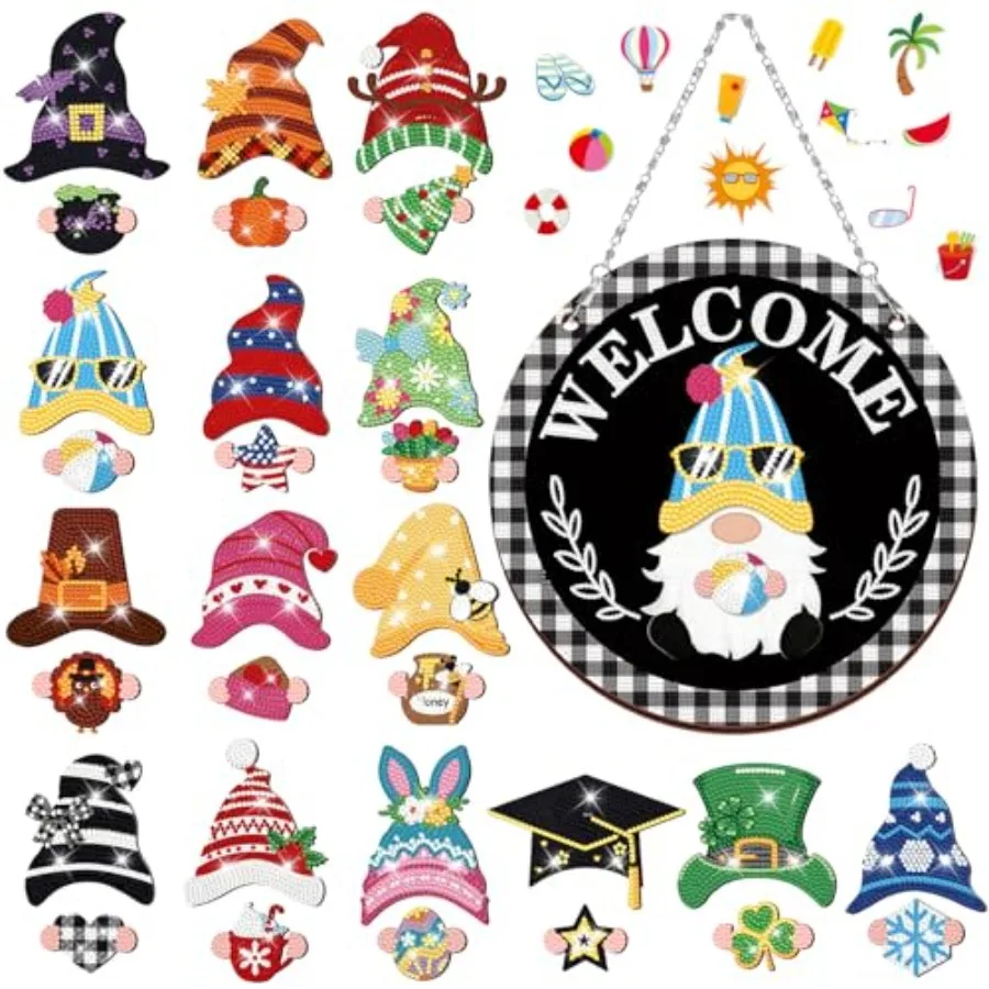 

Qunclay 31 Pcs Diamond Painting Magnetic Interchangeable Gnome Sign DIY Holiday Seasonal Gnome Wooden Welcome Hanging Front Doo