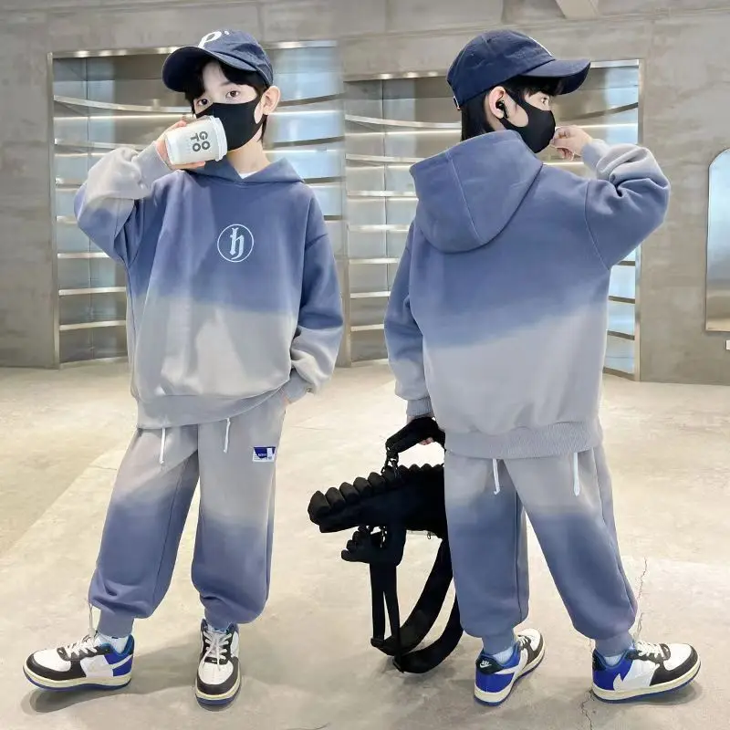 

Spring/Autumn Teen Boys Clothes Set Cotton Gradient Sweatshirt Hooded +Pants Tracksuits Kids Suit Children 4 8 10 11 12 14 Year