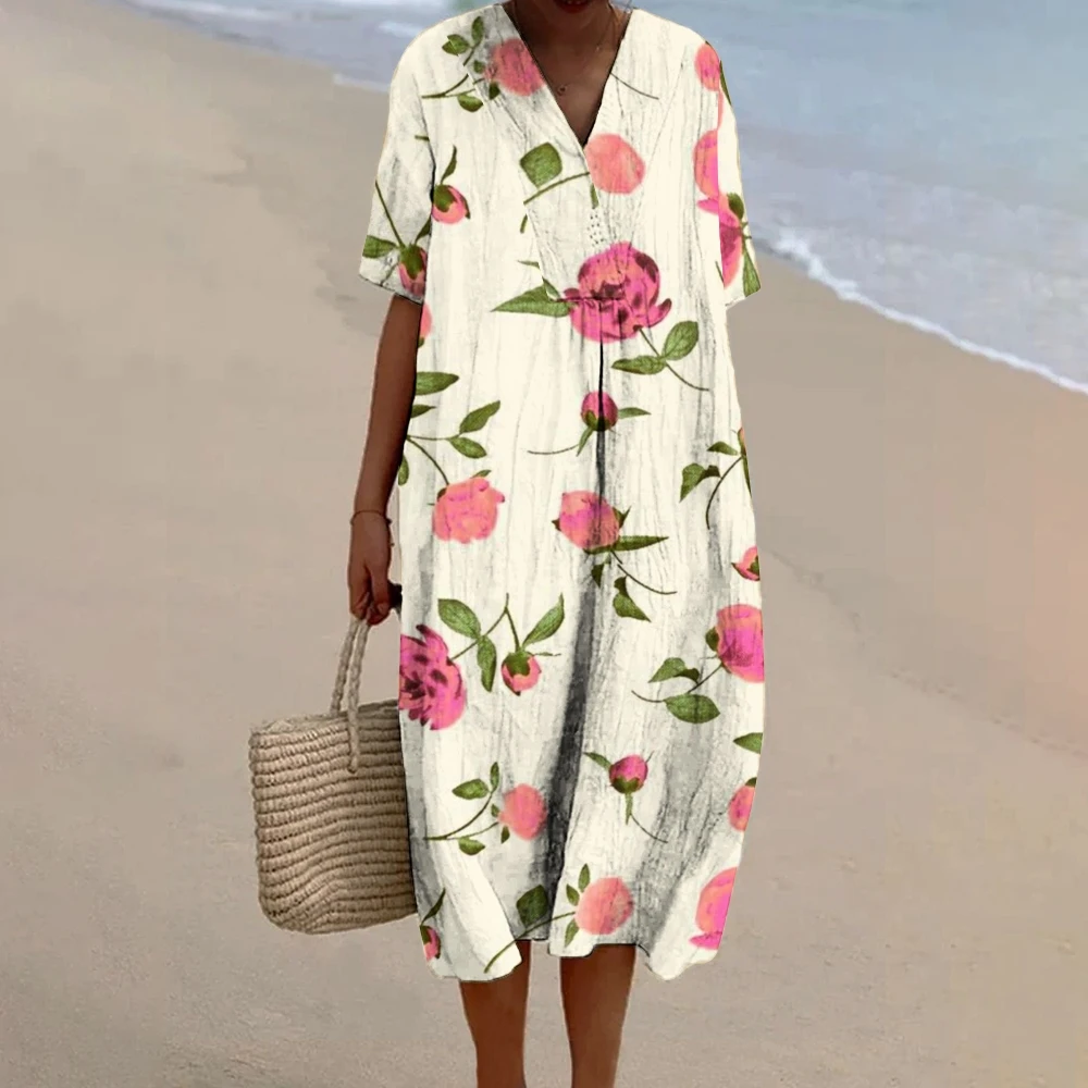 

Bohemian Breezy Fluttery Pink Rose-Adorned Dress Romantic Rose Prints Robes Women’s Beach Vacation Wear Summer Out Fit Clothes