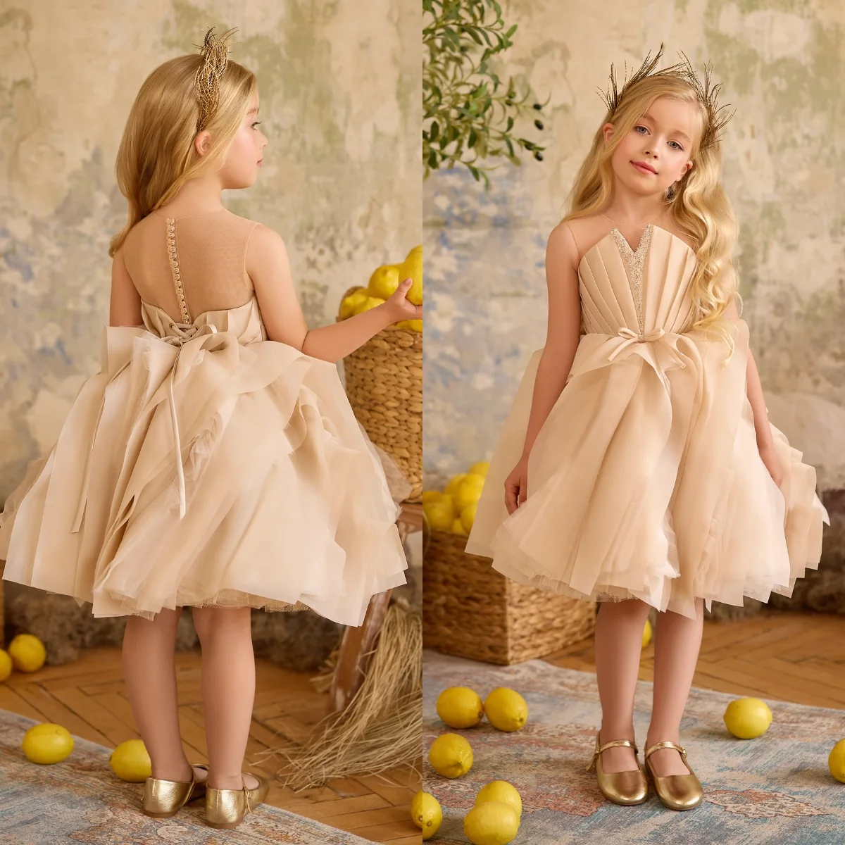 Beige Ruffles Flower Girl Dresses Baby Girl's Birthday Party Gowns Knee Length Short First Communion Dresses