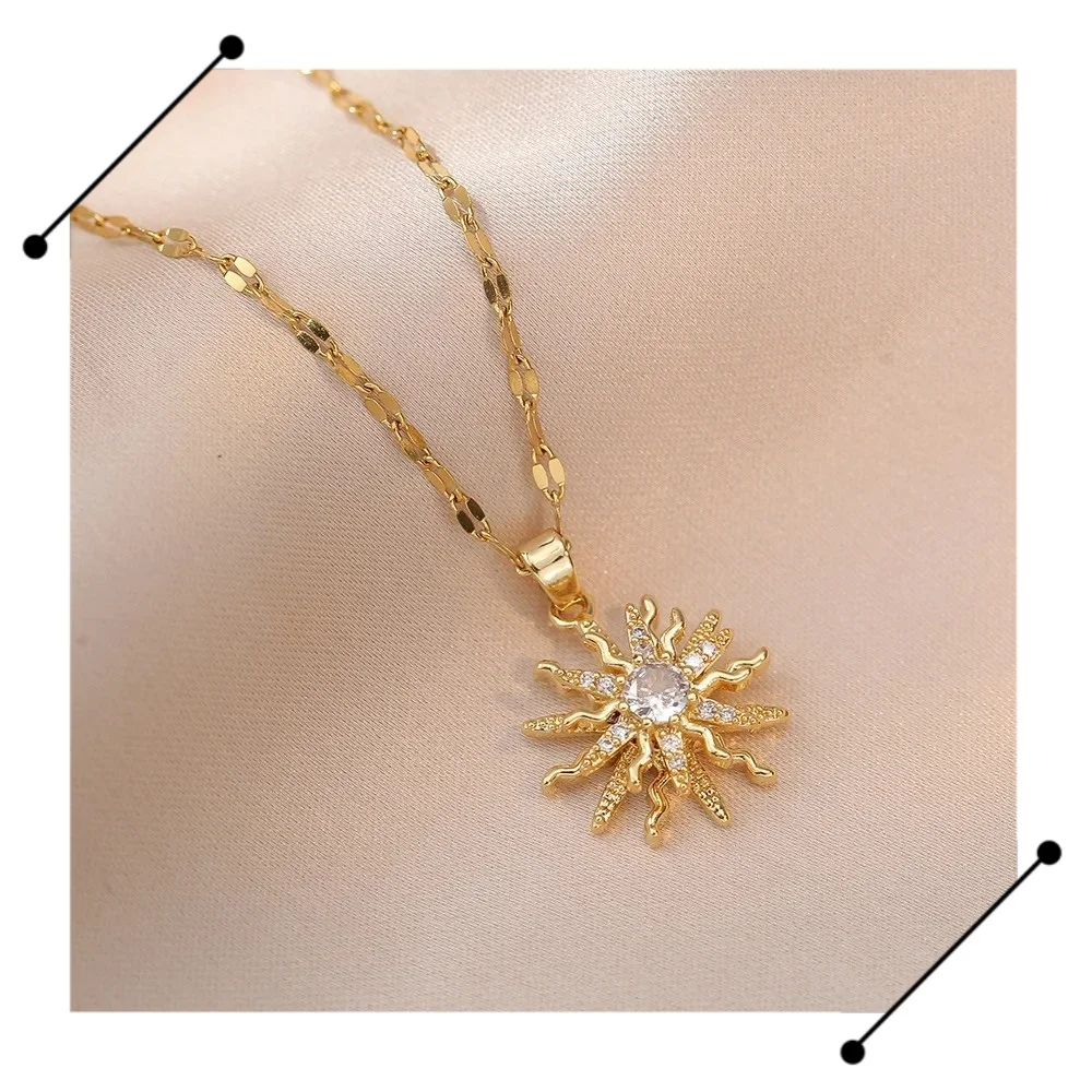 Rotating Flower Pendant Stainless Steel Chains Necklaces For Women Antique Gold Color White Zircon Sun Clavicle Necklace Jewelry