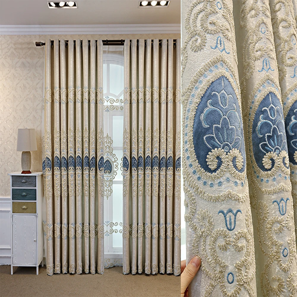 Elegante Europese stijl op maat gemaakte woonkamer chenille geborduurde gordijnen, slaapkamer lichtdichtende raamdecoratie, alles-in-één