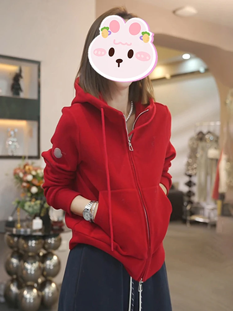 

Зимняя женская толстовка свободного кроя 2025 с двойной молнией, однотонная, в корейском стиле, стройнящая, модная, с длинными рукавами, для повседневной носки, ветрозащитная