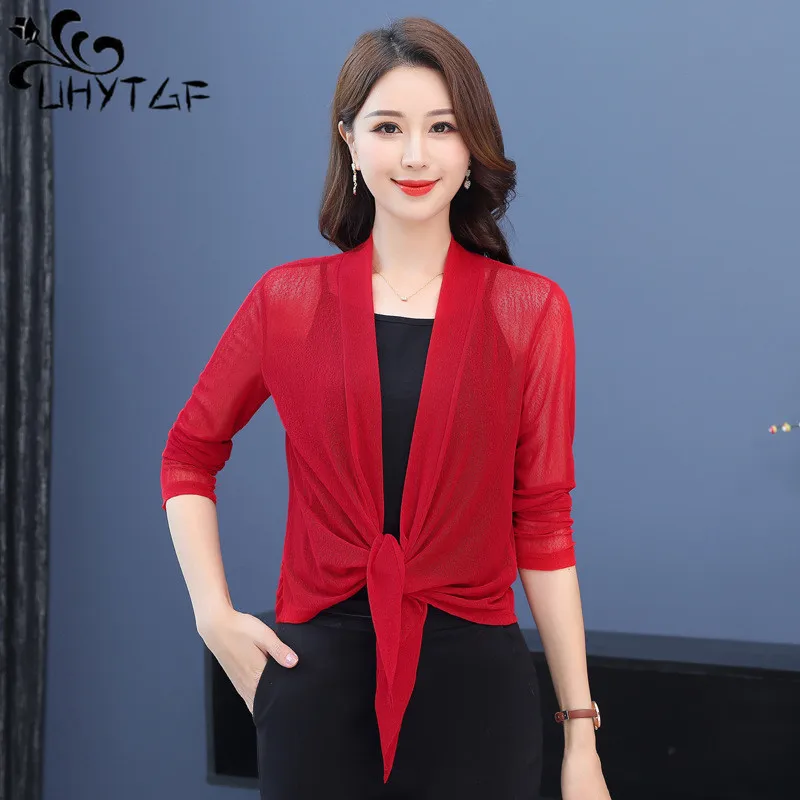 

UHYTGF 7XL Shawl Sun Protection Coat Women's Long Sleeve Gauze Cardigan Summer Jacket Female Elegant Mom Thin Cape Overcoat 2221