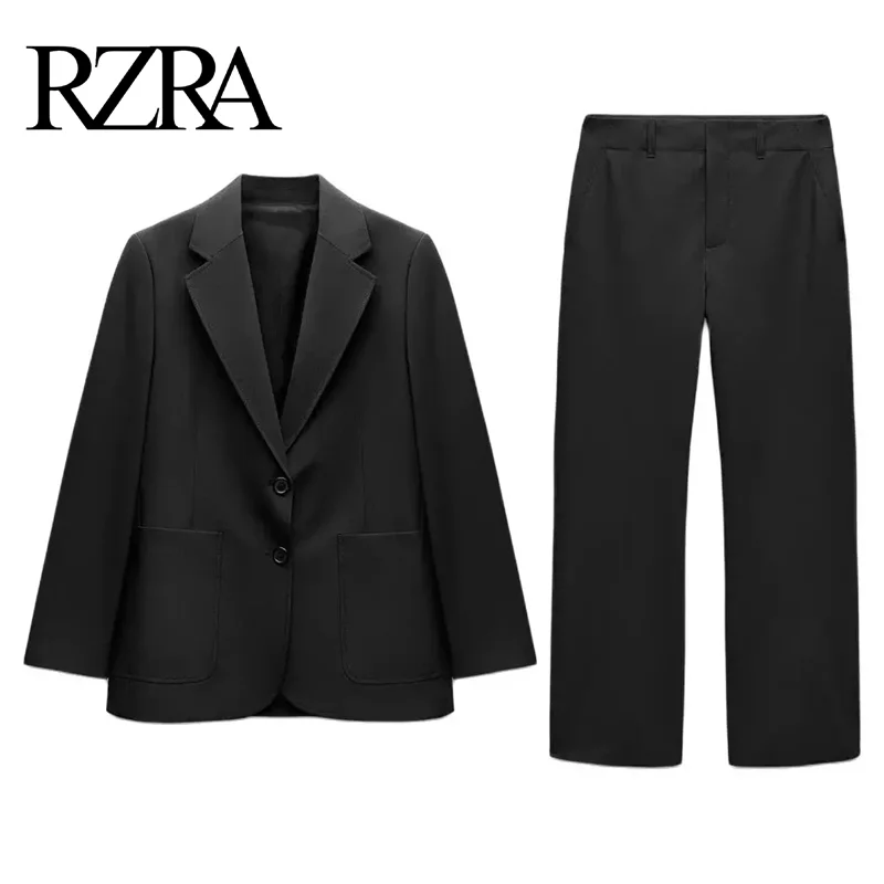 RZRA2024 autumn and winter new women\'s black loose straight cut suit jacket mid-waist straight loose casual trousers