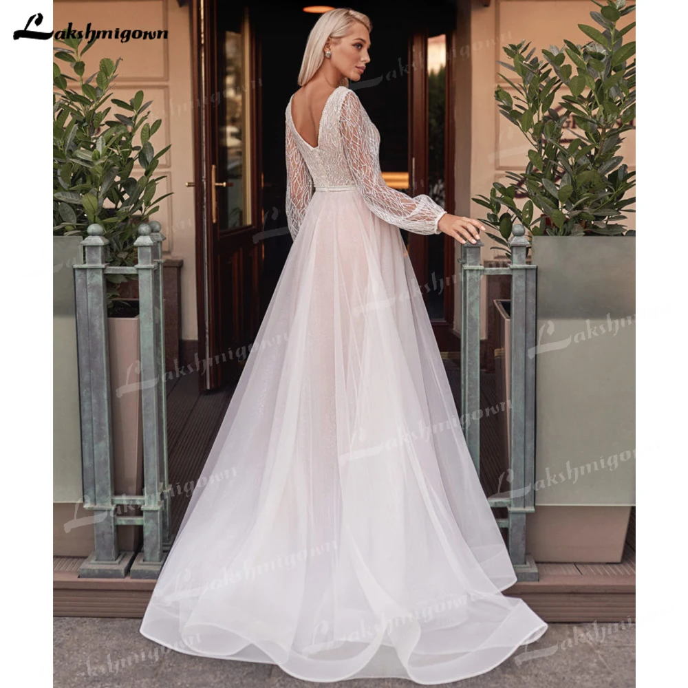 Charming A-line Wedding Dress With Long Loose Sleeves Semi-sheer Graceful Sequins Gorgeous Bride Dress robe de mariage 2023