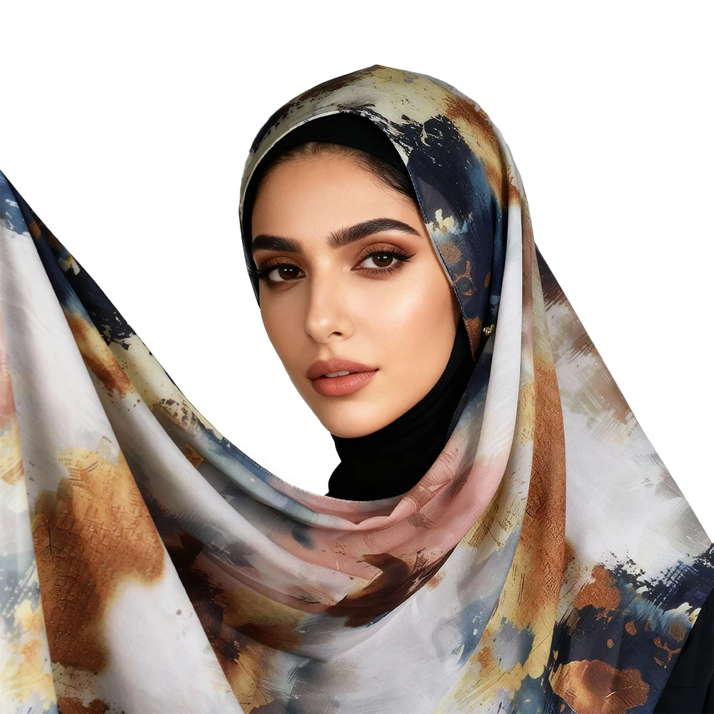 

Шифоновый арабский хиджаб с градиентным принтом омбре | Шелковистая драпировка, дизайн без стразов2552