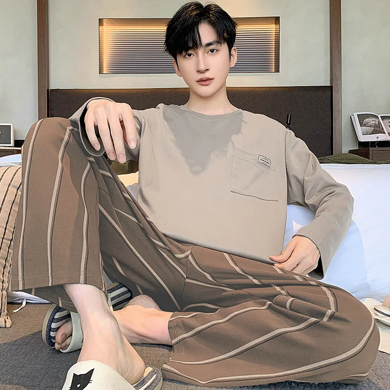 Korean Fashion Cotton Nightwear for Men Long Sleeves Striped Trouser Pajamas Set Autumn and Spring Casual Homewear Hombre Pijama