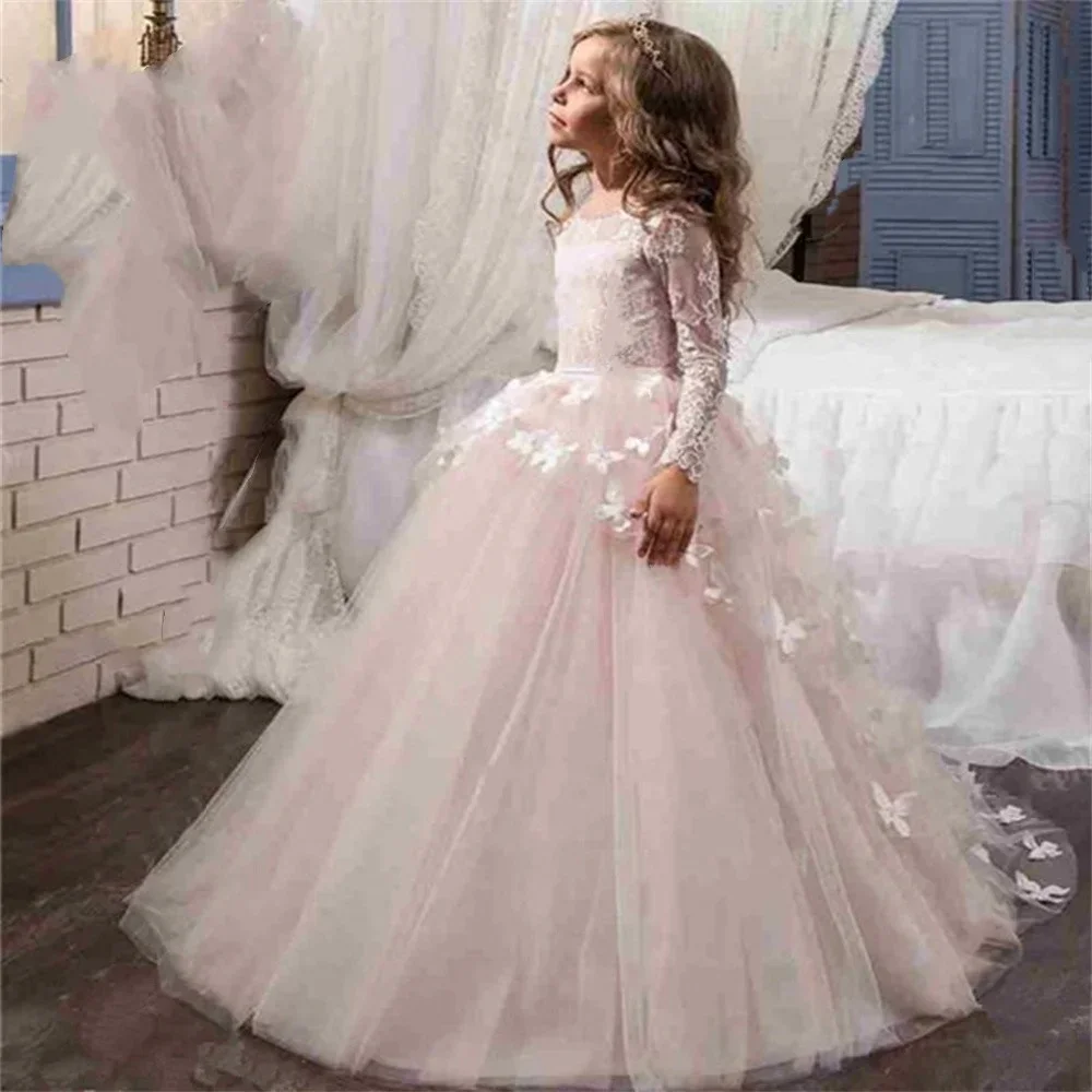 

Butterfly Lace Appliques Long Sleeve Flower Girl Dress for Wedding Birthday Ball Gown First Holy Communion Celebration Dresses