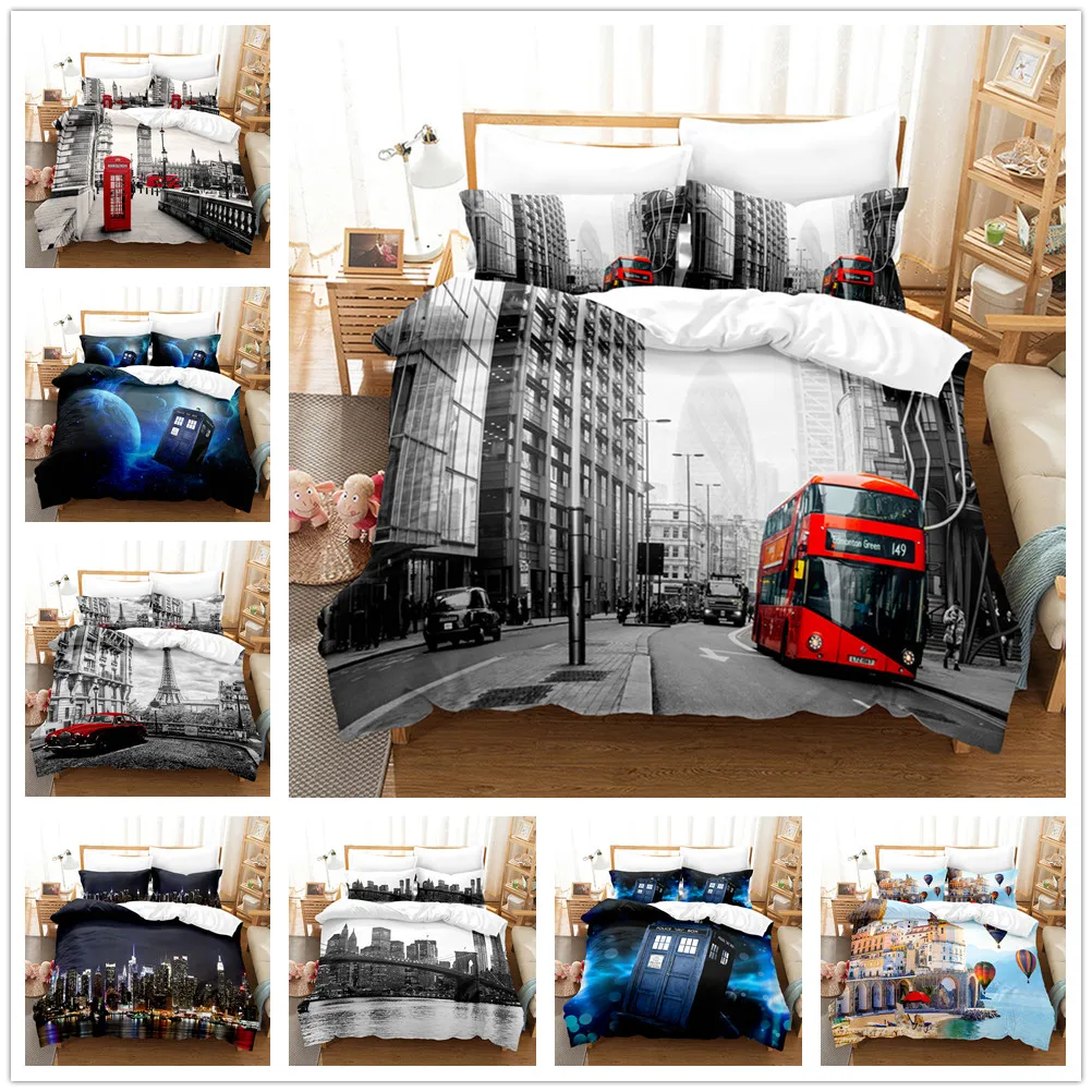 Kids Teens Bedding Set 3D Printed Duvet Cover Set Urban Architectural Landscape Comforter Cover&Pillowcases Soft Quilt Cover