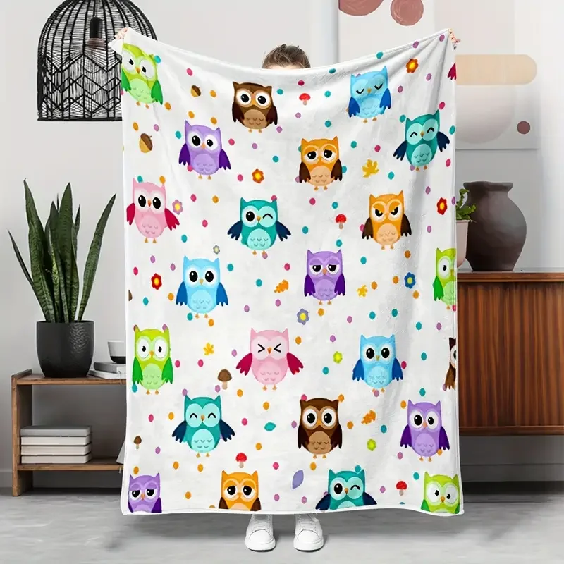 Colorful Cartoon Owl Flannel Throw Blanket