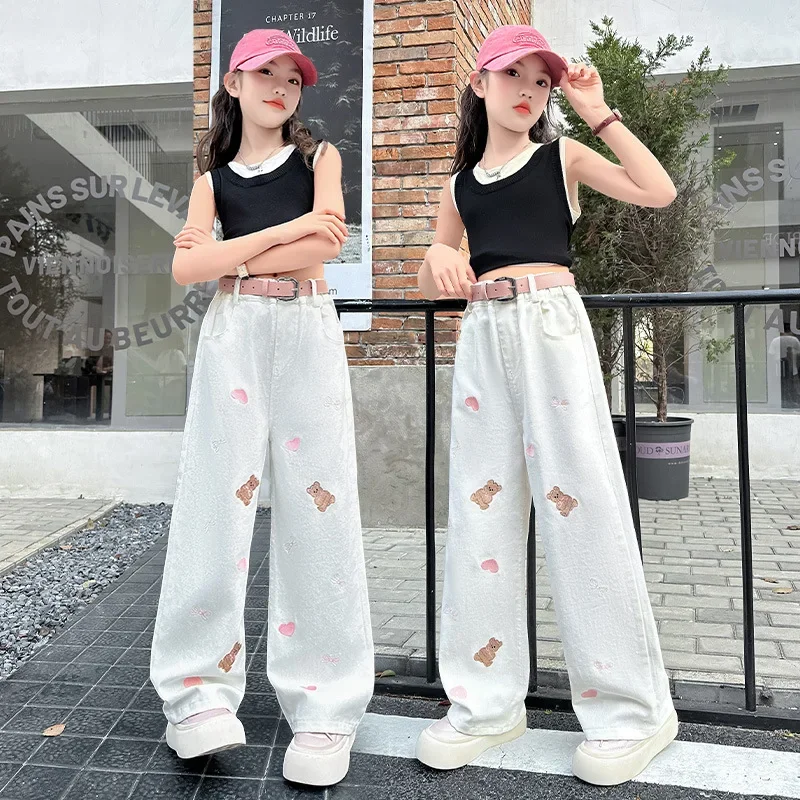 Kids High Street Sporty Sweatpants Spring Child Cotton Sports Pants with Cartoon For Girls Grey Color Casual Trousers Teenage