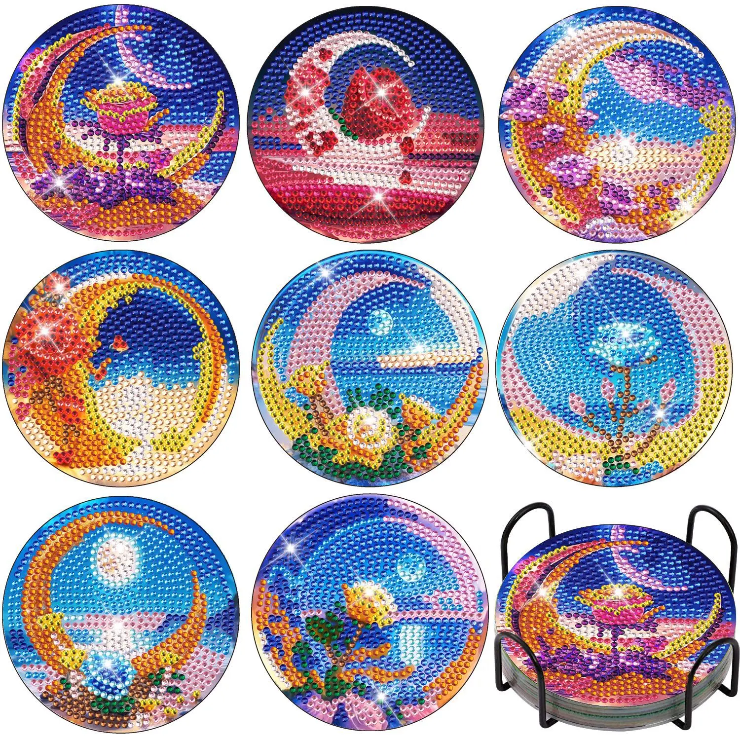 New 8Pcs DIY Diamond Painting Coaster Moon Flowers Drink Cup Cushion Diamond Embroidery Kit For Kitchen Decor Set