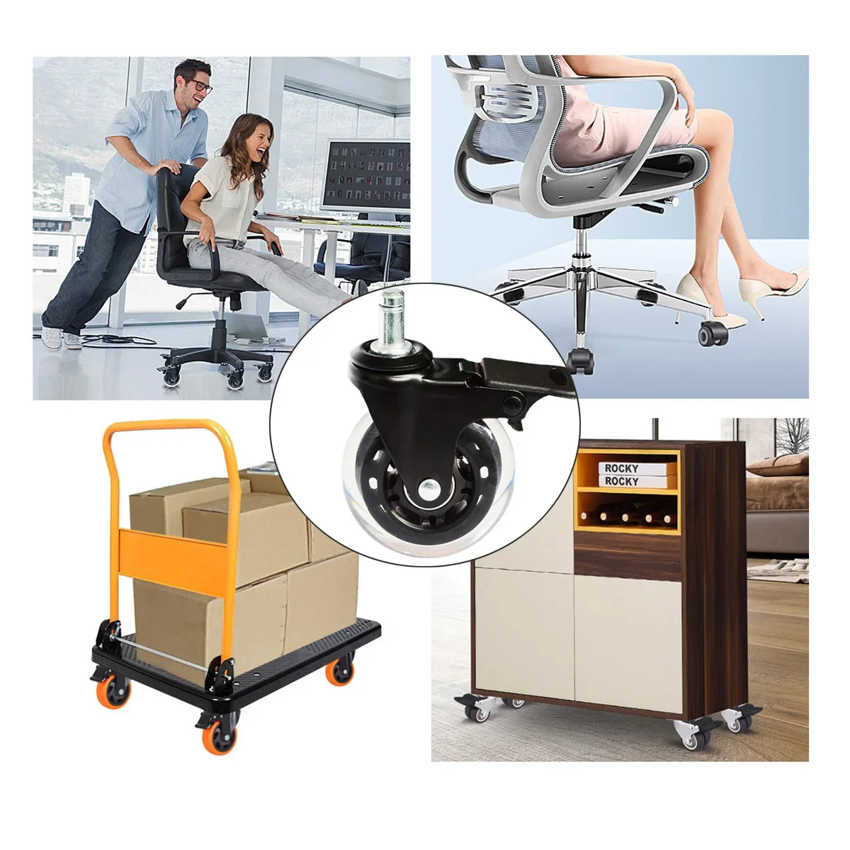 Office Rubber Chair Casters Replacement, 3 Inch Heavy-Duty Computer Gaming Desk Caster Wheels Smooth & Safe Rolling For