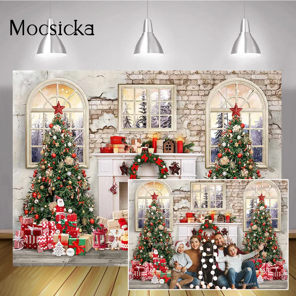 

Merry Xmas Backgrounds Fireplace Christmas Trees Gifts Toys Winter Backdrop Window Wonderland Brick Wall Portrait Photography