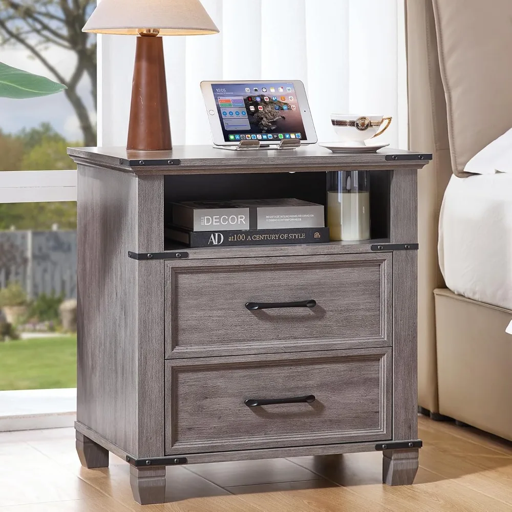 

22 Nightstand, Farmhouse Nightstand with 2 Drawers,Industrial Bedside Table with Open Shelf for Bedroom Living Room,Office Bed