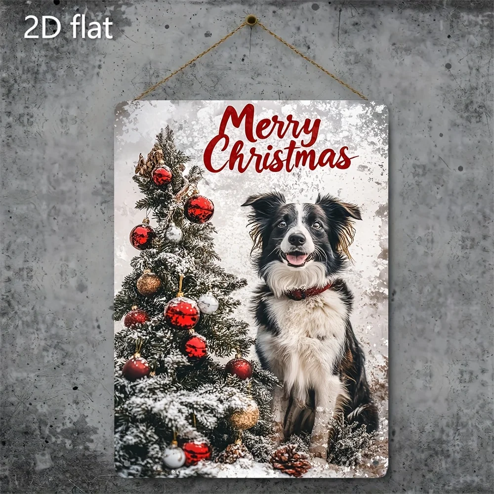  Vintage Floral Metal Tin Sign - Rust-Proof Waterproof Iron Wall Art with Christmas Tree, Border Collie Dog & 