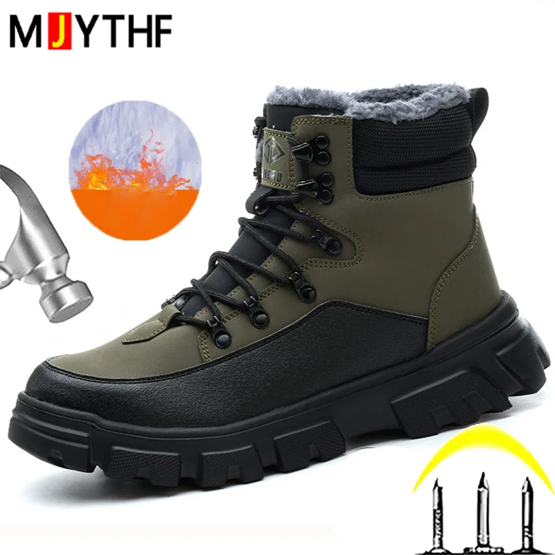 2026 Winter Boots Men Puncture-Proof Work Boots Steel Toe Shoes Safety Boots Protection Shoes Plush Warm Cotton Boots Non-slip