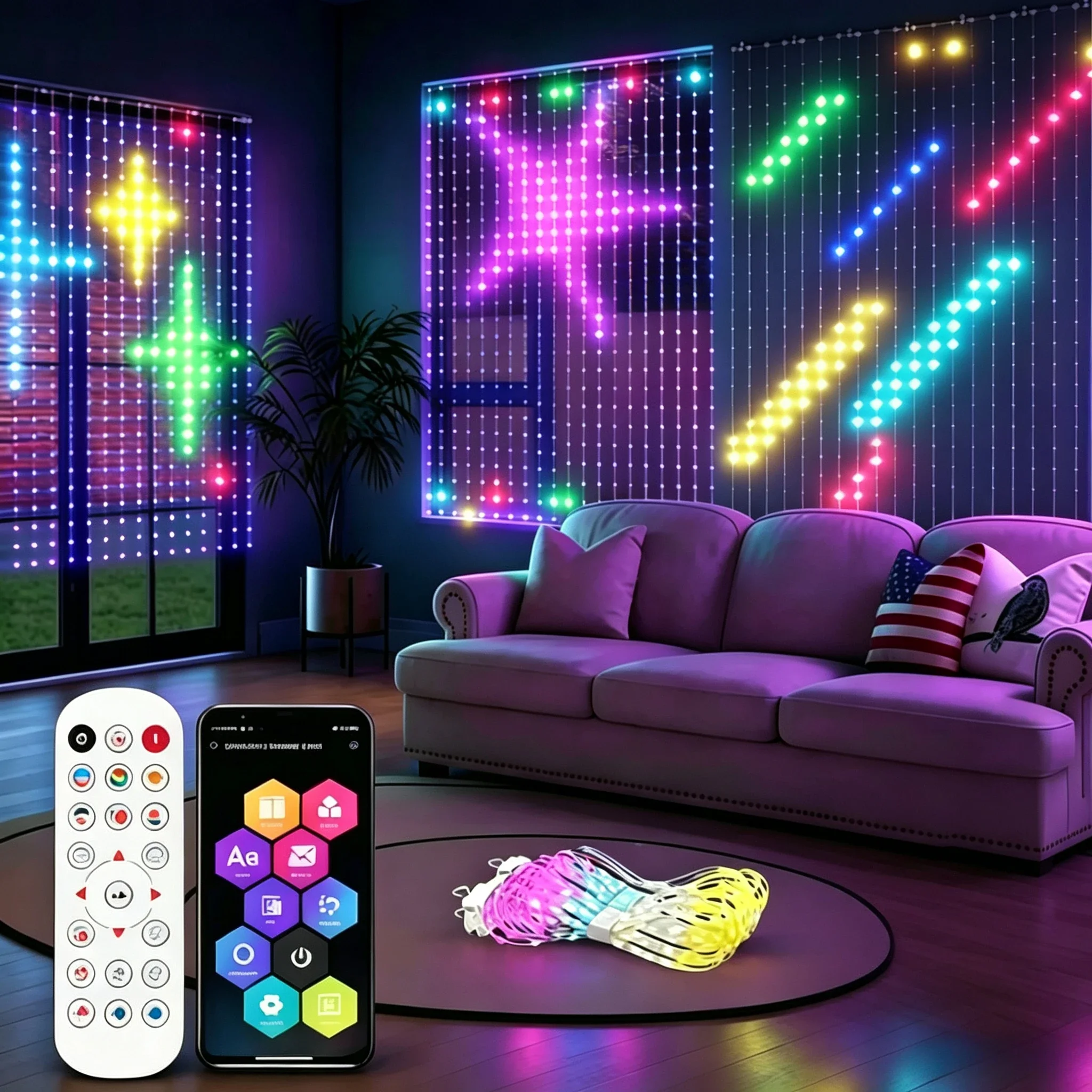 Smart Curtain Lights 400LED RGB Pixel Fairy Lights APP Bluetooth Remote Control DIY Pattern Music Sync Christmas Window Decor