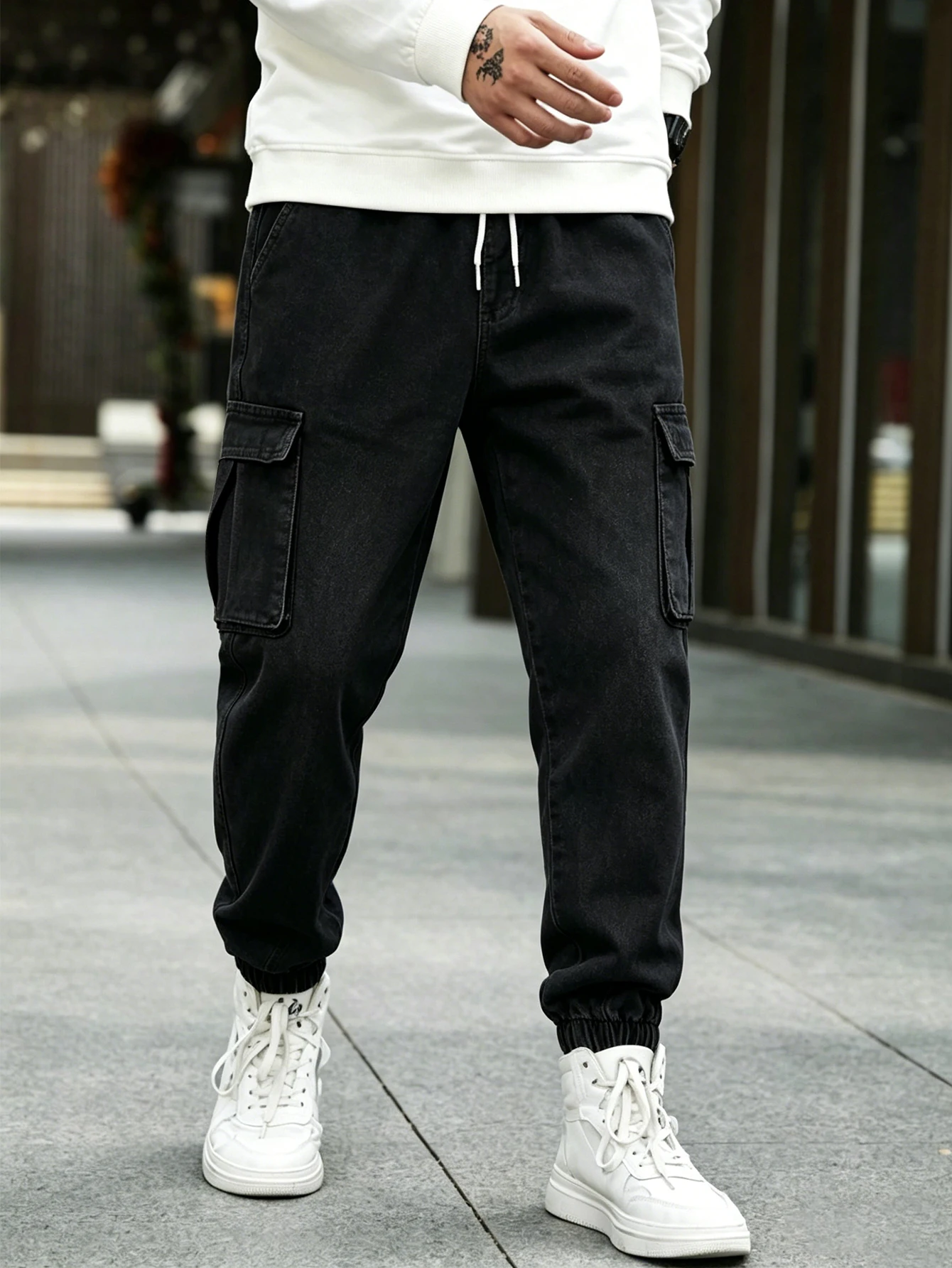 Men Black Washed Jogger Denim Jeans Elastic Cuff Multi Cargo Pockets Drawstring Waist Baggy Streetwear Jeans 60% Cotton XS-XXXL