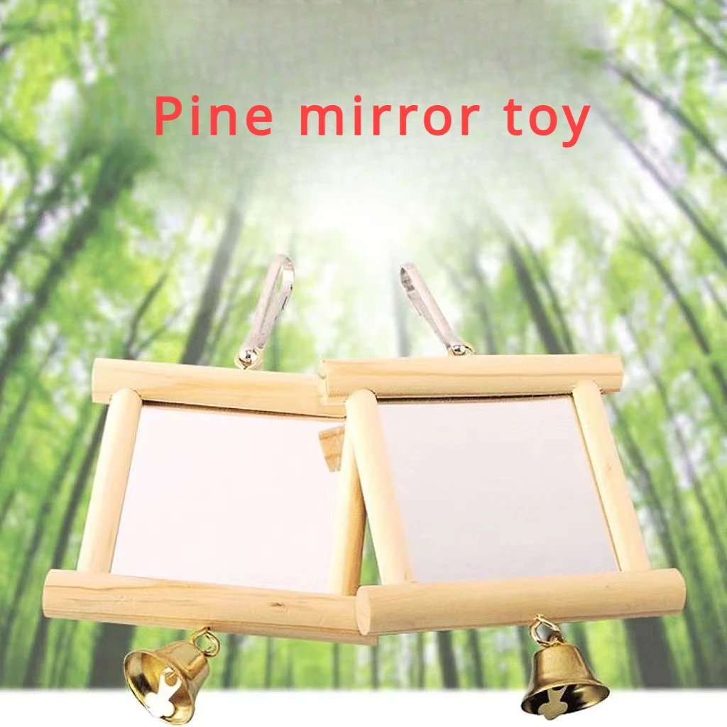 1 Pcs Parrot Bird Mirror Fun Standing Pine Mirror Toy 10*10 Bird Accessories with Bells Wood Bird Toys