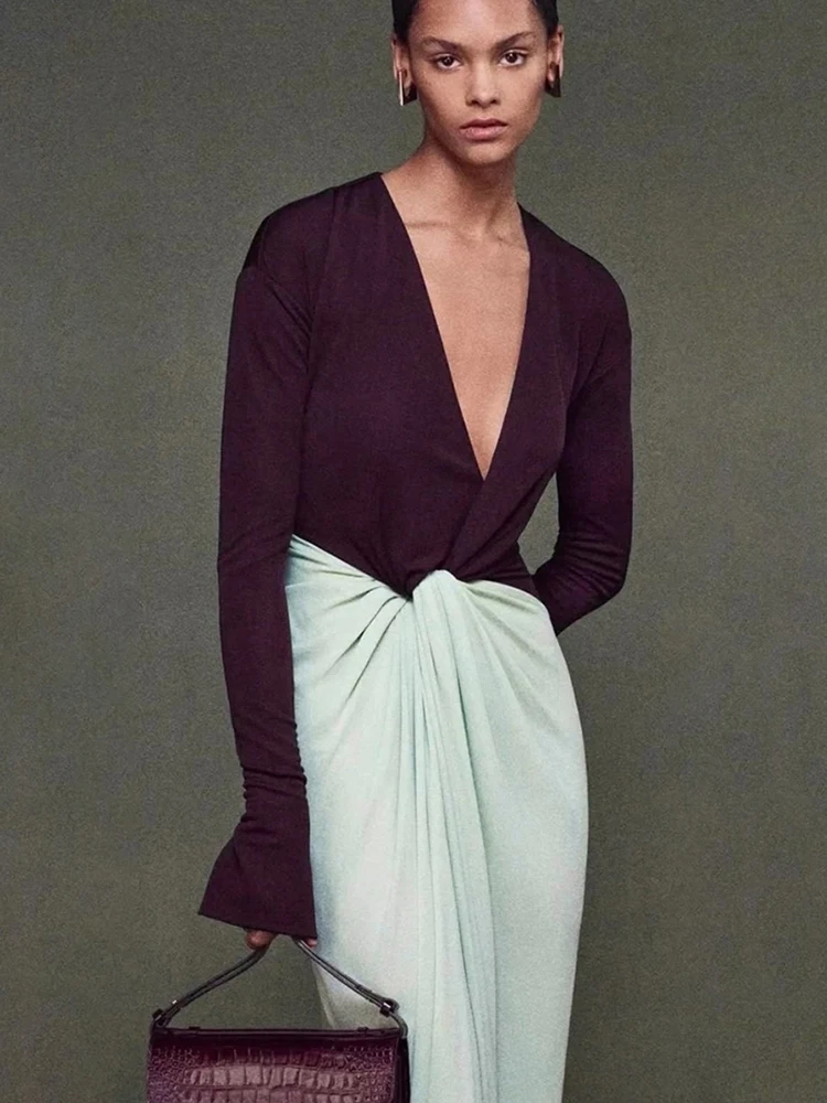 Nibber 패션 명암 컬러 패치 워크 긴 원피스 여자 깊은 V-Neck 플라 슬리브 Ruched Hem Street 우아한 스키니 베스티도