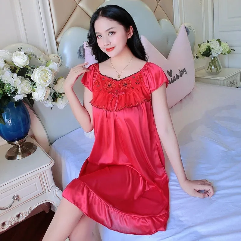 Oversize Female Satin Nightgown Ladies Nightdress Short Sleeve Night Dress Women Nighties Sleepwear Nightwear Loungewear Pajama