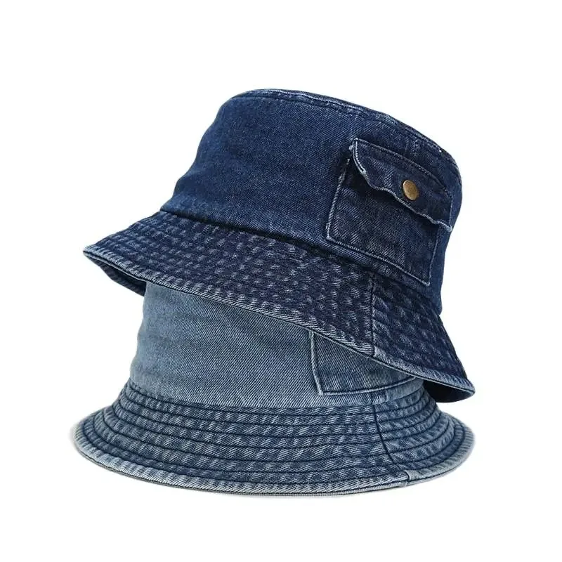 Denim Solid Color Bucket Hat Fisherman Hat Outdoor Travel Sun Cap for Men and Women 2024 New