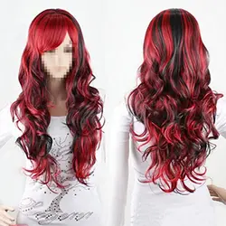 Fashion Wavy Wigs Red and Black Mix For Women Long Curly Hair Wigs Anime Cosplay