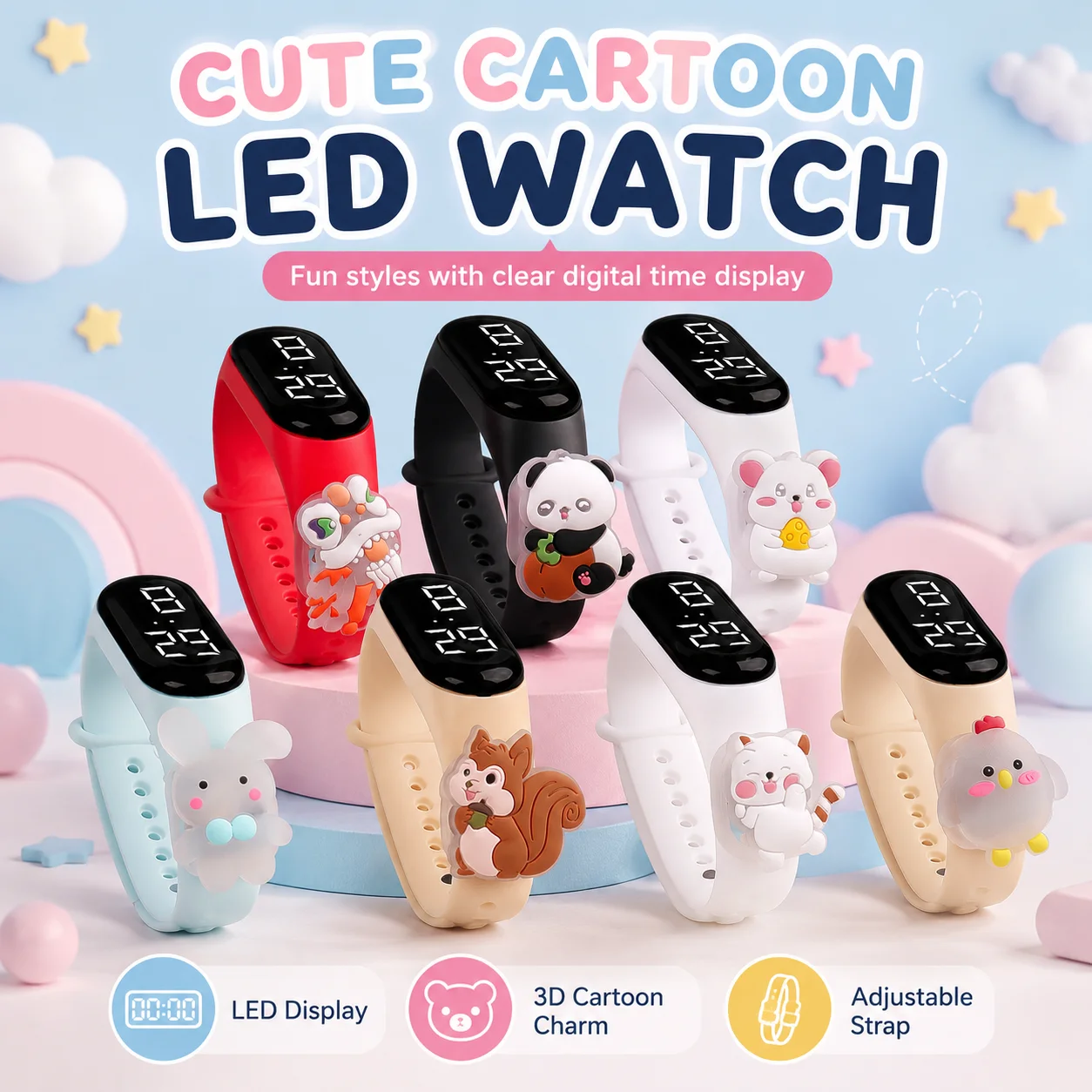 3-Pack Cartoon Animal LED Digital Watches with Multiple 3D Cute Pendants, Digital Display, and Adjustable Multi-Hole Strap