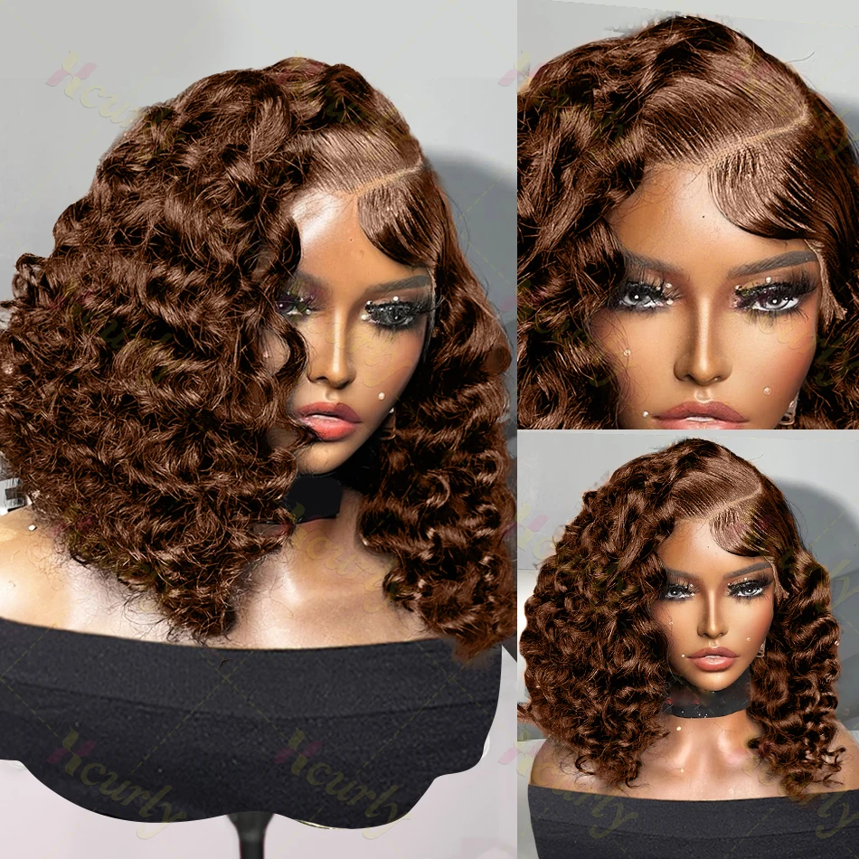 200% Chocolate Brown Short Bob Deep Curly 13x4 HD  Lace Front Wig Human Hair  Loose Wave 13x5 Transparent Lace Frontal Bob Wigs