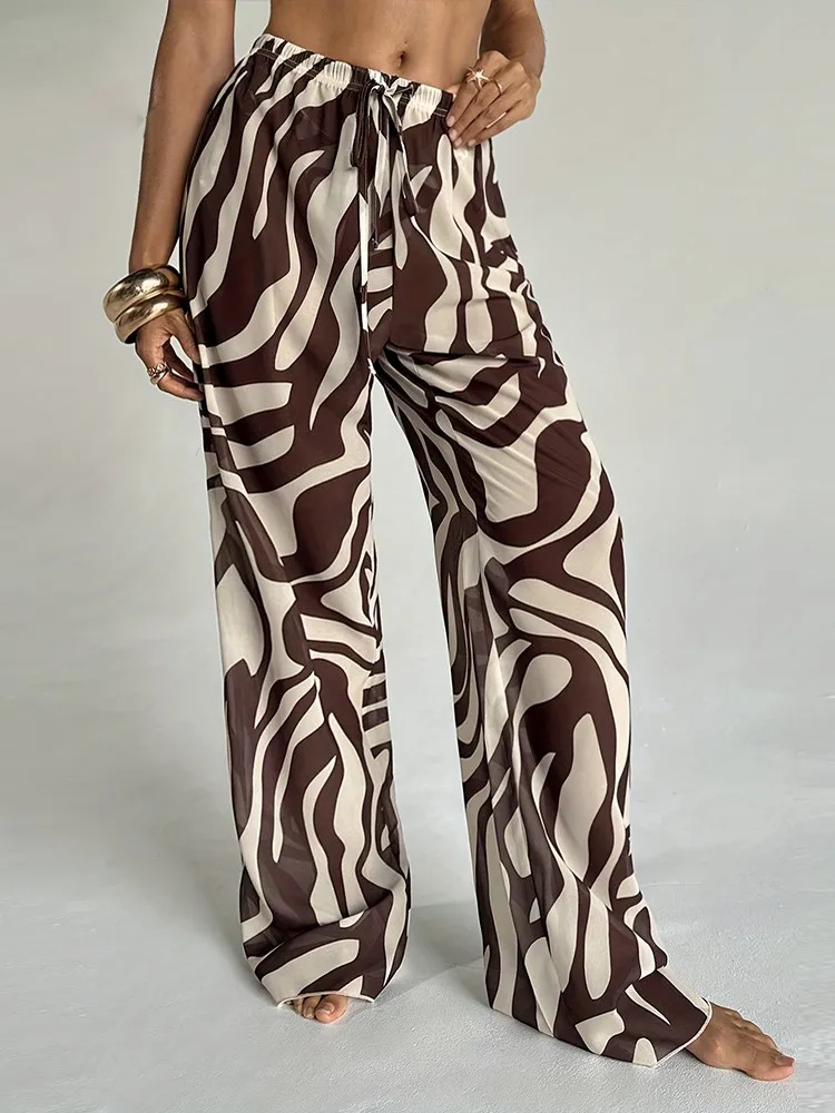 Women Stripe Trim Cover Up Pants Beach Cover Up Trousers Cover Ups For Swimwear Beach Ruffle Pants 2026 Summer Pants