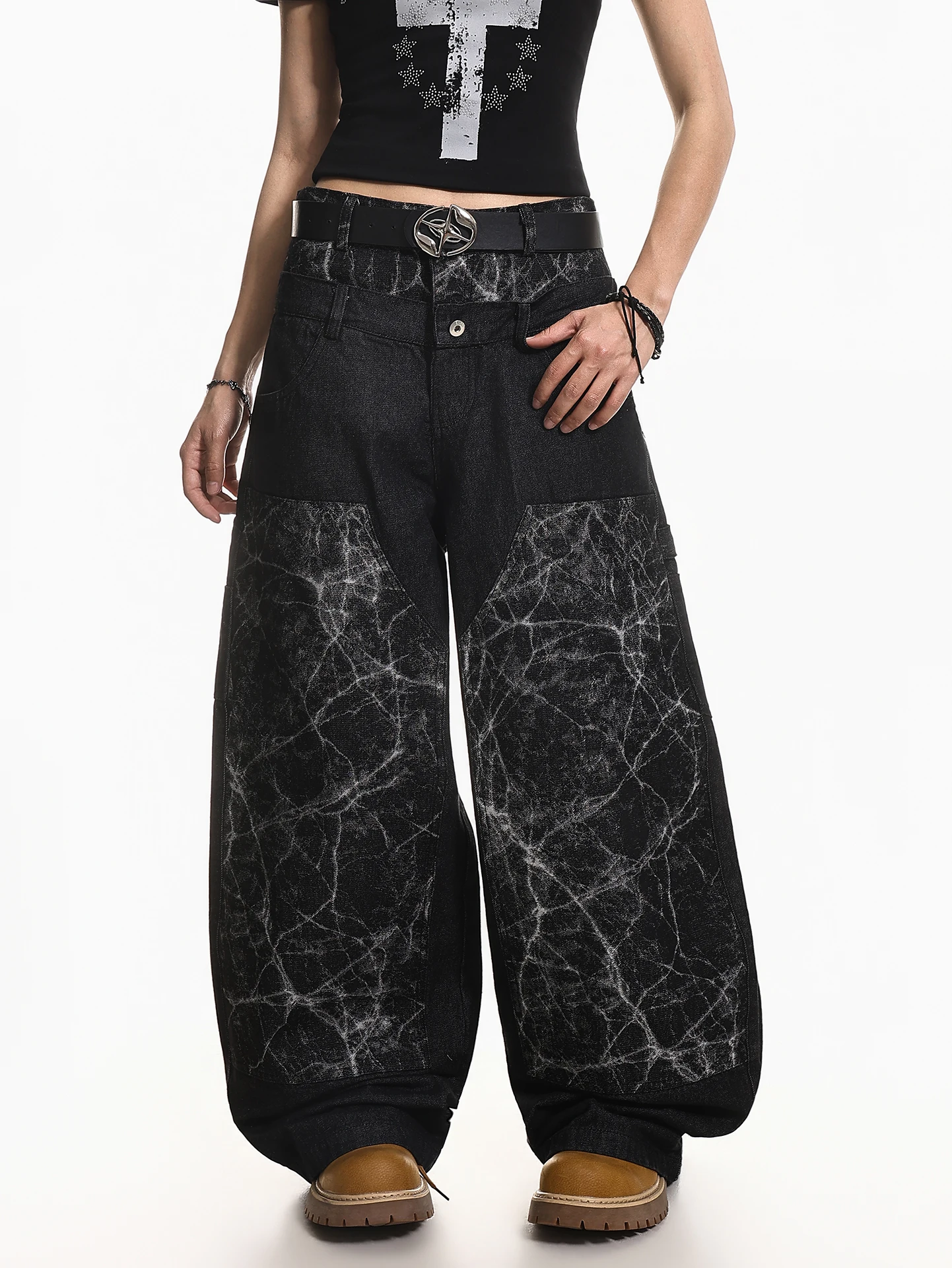 

XPKAEAX American High Street Retro Washed Lightning Pattern Double Waist High Waist Loose Wide Leg Denim Jeans Women Summer