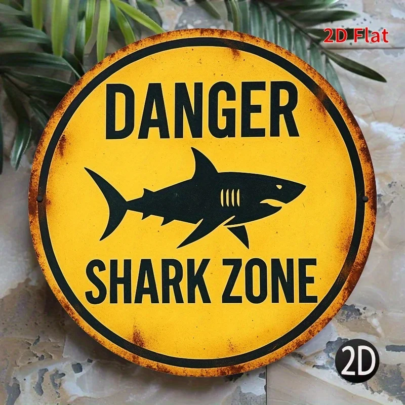 Letrero Metálico 2D con Advertencia de Zona Peligrosa de Tiburones - Decoración Vintage con Ataque de Tiburón, Letras Negras sobre Fondo Amarillo, para Hogar, Oficina, Cafetería