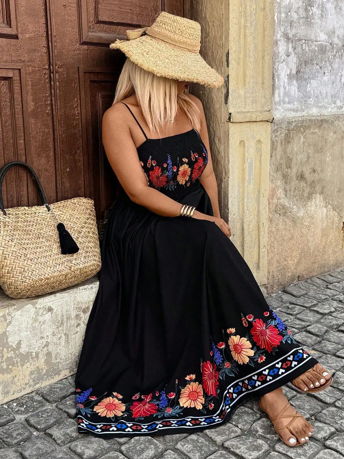 

Bohemian Floral Embroidered Spaghetti Strap Maxi Dress For Women Summer Beach Vacation