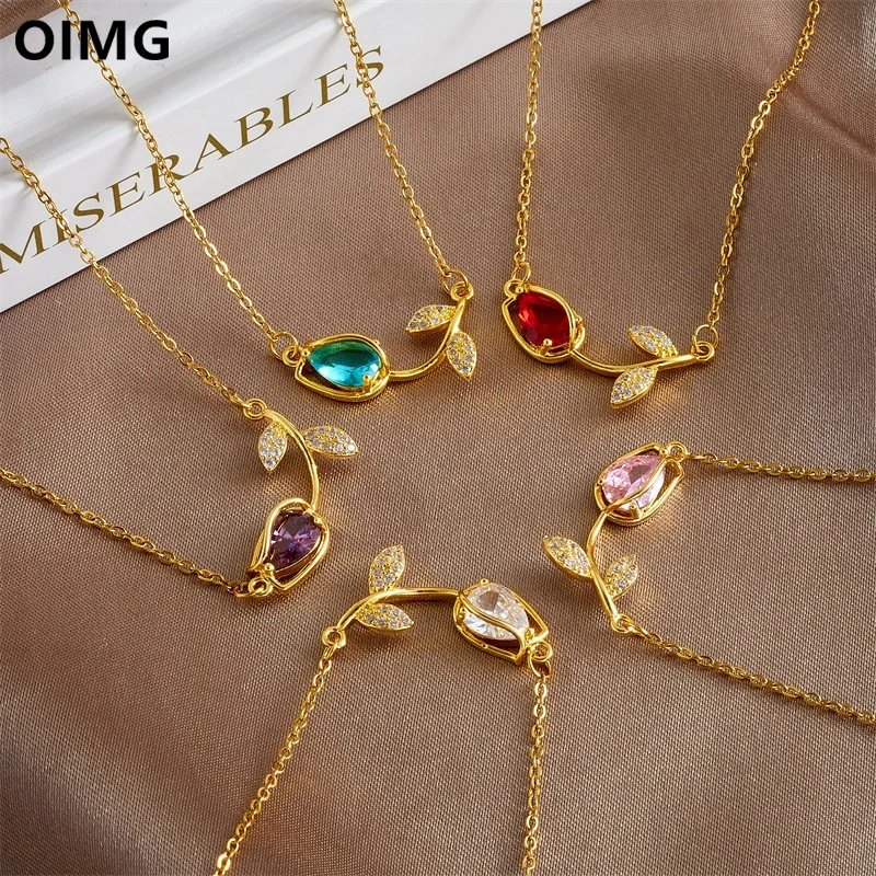 OIMG, collares con colgante de tulipán de circón colorido y dulce de acero inoxidable para mujeres y niñas, gargantilla de flores románticas a la moda, regalo de joyería