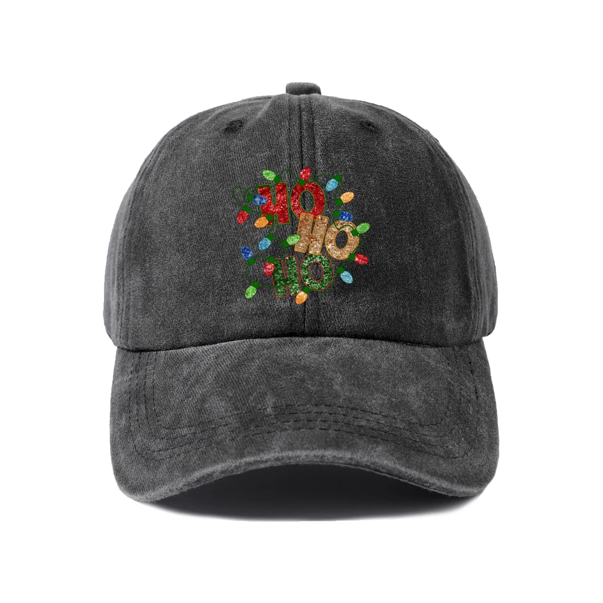 Holiday Ho Ho Ho Typography Graphic Vintage Washed Baseball Cap, Adjustable Unisex Dad Hat for Men and Women