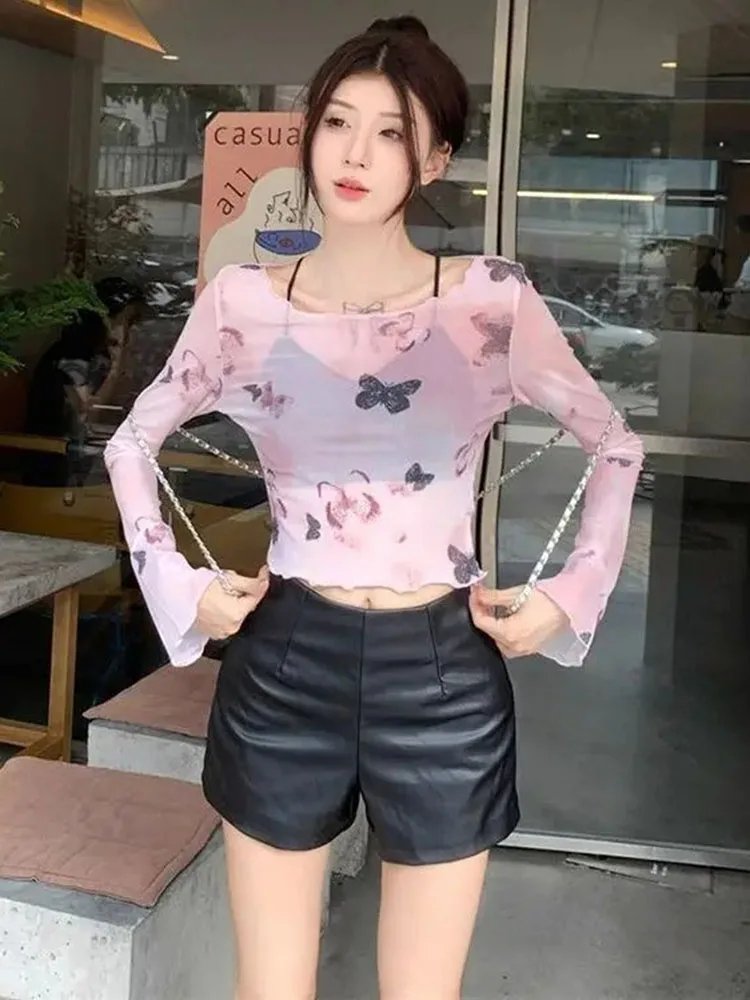 New Tie Dye Print Mesh Fungus Edge T-shirts Women Summer Sexy Sheer Slim Waist Thin Crop Top Fairy Y2k Spicy Girl Tees